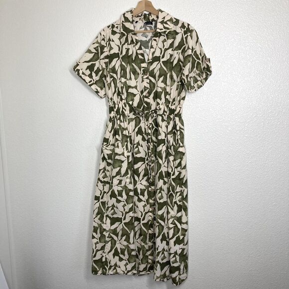 ZARA Shirt Dress Womens XL Green Cream Leaf Print Button Front Belted Midi - Picture 2 of 16
